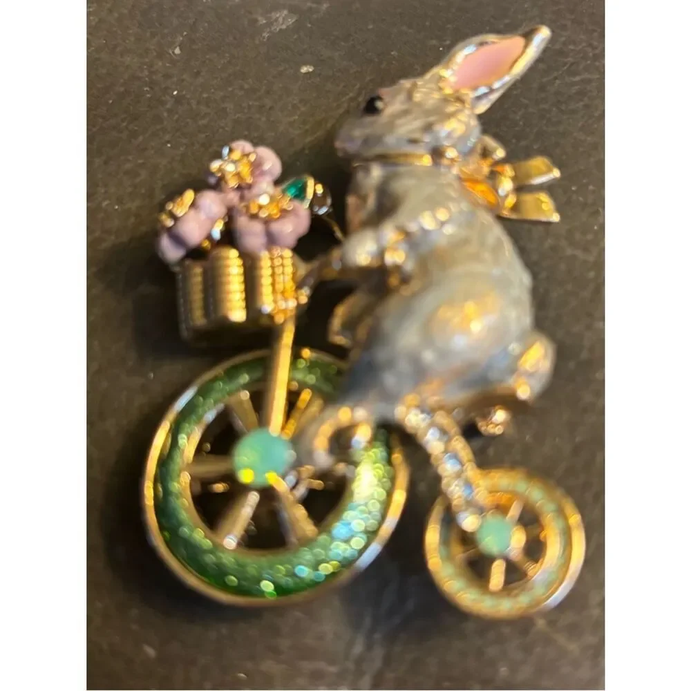 New Napier Rabbit on Bicycle Brooch with Pink Flowers and Green Wheels